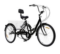 awolsrgiop Triciclo para adultos de 24 pulgadas, plegable, 7 velocidades, 3 ruedas, bicicleta para adultos y cesta de verduras con luz LED, respaldo, para personas mayores, hombres y mujeres, negro