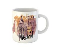 Awowee Taza de café azul España Madrid Ciudad de Madrid amarillo Toledo arquitectura pinceles edificios tazas de té de cerámica 325 ml mejor regalo o recuerdo para familiares, amigos compañeros de