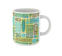 Awowee Taza de café colorida hawaiana exótica con patrón Tiki tribal flor tabla de surf Tahití 325 ml tazas de té de cerámica mejor regalo o recuerdo para familiares, amigos compañeros de trabajo
