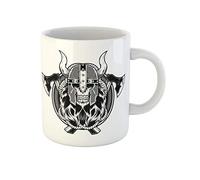 Awowee Taza de café con diseño de calavera vikinga, hacha bárbara, tatuaje, guerrero, batalla antigua, color negro, taza de té de cerámica de 325 ml, el mejor regalo o recuerdo para familiares, amigos