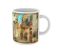 Awowee Taza de café con diseño de casa de las calles pictóricas antiguas de Grecia, arte mediterráneo, vintage, taza de té de cerámica de 325 ml, el mejor regalo o recuerdo para familiares, amigos y