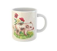 Awowee Taza de café con diseño de cerdo en miniatura caminando sobre hierba verde cerca del rojo, taza de té de cerámica de 325 ml, el mejor regalo o recuerdo para familiares, amigos y compañeros de