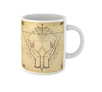 Awowee Taza de café con diseño misterioso de manos humanas con círculo mágico de geometría sagrada de 325 ml, taza de té de cerámica, el mejor regalo o recuerdo para familiares, amigos, compañeros de
