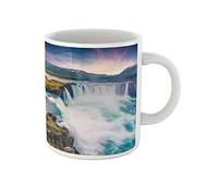 Awowee Taza de café con escena de la mañana de verano Godafoss Cascada colorida amanecer en Skjalfandafljot tazas de té de cerámica de 325 ml, el mejor regalo o recuerdo para familiares, amigos y