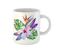 Awowee Taza de café con flores tropicales en acuarela, hibisco, plumeria, monstera, palmera, pájaro, taza de té, tazas de cerámica de 325 ml, el mejor regalo o recuerdo para familiares, amigos y