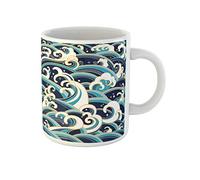 Awowee Taza de café con patrón azul tradicional oriental de olas del océano, salpicaduras de espuma japonesa, taza de té de cerámica de 325 ml, el mejor regalo o recuerdo para familiares, amigos y