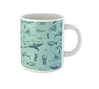 Awowee Taza de café con patrón de pulpo, medusas, pescado, caballito de mar, mantarraya, camarón, taza de té de cerámica de 325 ml, el mejor regalo o recuerdo para familiares, amigos, compañeros de