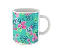 Awowee Taza de café con patrón tropical, composición floral, vintage, clásico, hawaiano, motivos, hibisco, taza de té de cerámica, el mejor regalo o recuerdo para familiares, amigos, compañeros de