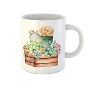 Awowee Taza de café de acuarela pintada a mano con plantas suculentas en maceta de madera y cactus, taza de té de cerámica de 325 ml, el mejor regalo o recuerdo para familiares, amigos y compañeros de