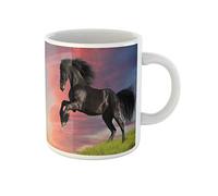 Awowee Taza de café de cerámica azul y negro con caballo frisón corriendo en el campo verde, taza de té de cerámica de 325 ml, el mejor regalo o recuerdo para familiares, amigos y compañeros de