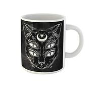 Awowee Taza de café de cerámica con diseño de cabeza de gato negro con diseño de luna y cuatro ojos de 325 ml, el mejor regalo o recuerdo para familiares, amigos, compañeros de trabajo