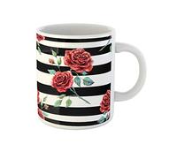 Awowee Taza de café de cerámica con patrón de acuarela de flores rosas, rayas rojas y negras y blancas, 11 onzas, el mejor regalo o recuerdo para familiares, amigos y compañeros de trabajo