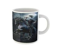 Awowee Taza de café de fantasía azul con hacha de jinete sin cabeza y calavera en la taza de té de cerámica de 325 ml, el mejor regalo o recuerdo para familiares, amigos y compañeros de trabajo