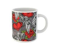 Awowee Taza de café de la vieja escuela Rockabilly Tattoo of Flying Heart Angel Wings Taza de té de cerámica de 325 ml, el mejor regalo o recuerdo para familiares, amigos y compañeros de trabajo