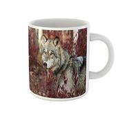 Awowee Taza de café gris salvaje de lobo gris en hermosos bosques de follaje rojo, tazas de té de cerámica de 325 ml, el mejor regalo o recuerdo para familiares, amigos y compañeros de trabajo