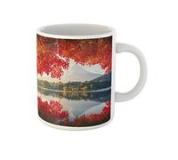 Awowee Taza de café roja con diseño de monte Fuji en otoño en amanecer en el lago, taza de té de cerámica de 325 ml, el mejor regalo o recuerdo para familiares, amigos y compañeros de trabajo
