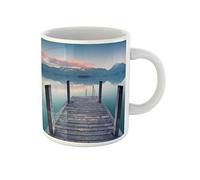 Awowee Taza de café vacía con puente peatonal en el lago cerca de las montañas de los Alpes, noche de otoño, taza de té de cerámica de 325 ml, el mejor regalo o recuerdo para familiares, amigos y
