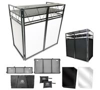 AxcessAbles - Cabina de DJ portátil de dos niveles | Soporte de mesa grande para DJ con superficie de escritorio de 43 x 25 pulgadas | 2 alturas de mesa ergonómicas | Fachadas blancas y negras, fundas