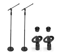 AxcessAbles MS-201RB - Soporte de micrófono de una mano con base redonda pesada y ajuste rápido de altura de agarre, brazo telescópico para micrófono, soporte alto para cantar, paquete de 2