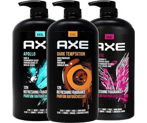 AXE Axe Dark Temptation, Apollo y Excite Body Wash 3 en 1 Body and Face Wash en botella con bomba, 100 ml cada uno