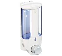 axentia - Dispensador de jabón manual de pared (capacidad 380 ml), Dosificador de champú, gel de ducha, loción de cuerpo, Dispenser para baño y cocina - 19/9,8/9 cm - color blanco/azul