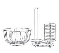 axentia Juego de Cocina de 4 Piezas, Juego de Metal Cromado Compuesto por Frutero, Cesta para Cubiertos, Salvamantel y Portarrollo de Papel de Cocina, Plateado