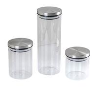 axentia Tinajas de Borosilicato con Tapa y Anillo de Sellado, Juego de 3 Tarros con Tapa de Acero Inoxidable, Botes de Almacenamiento en 3 Tamaños, Transparente/Plateado