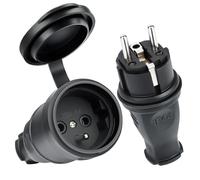 AXFEE 1x Enchufe Macho + 1x Clavija Enchufe Hembra, 250V 16A Toma de Corriente Empotrada, Enchufe de Caucho P44, con Tapa Antisalpicaduras, para Uso en Interiores y Exteriores, Negro