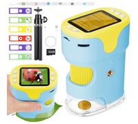 AXFEE Microscopio para Niños 1000X, Microscopio Portatil de 4K 2 Pulgadas, Recargable,6 Luces LED Ajustables, con Tarjeta SD de 32GB y 6PCS Muestras de Portaobjetos, Niños de 4 a 12 Años, Azul