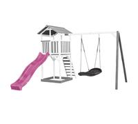AXI Beach Tower Parque infantil blanco con Tobogan morado, columpio nido de pajaro negro y arenero | Casa grande para ninos al aire libre en gris y blanco | Casa de juegos de madera FSC