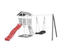 AXI Beach Tower Parque infantil blanco con Tobogan rojo, columpio nido de pajaro negro y cajon de arena | Casa grande para ninos al aire libre en gris y blanco | Casa de juegos de madera FSC