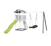 AXI Beach Tower Parque infantil blanco con Tobogan verde claro, columpio nido de pajaro negro y cajon de arena | Casa grande para ninos al aire libre en gris y blanco | Casa de juegos de madera FSC
