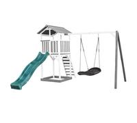 AXI Beach Tower Parque infantil blanco con Tobogan verde, columpio nido de pajaro negro y cajon de arena | Casa grande para ninos al aire libre en gris y blanco | Casa de juegos de madera FSC
