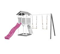 AXI Beach Tower Parque infantil con Tobogan en morado, 2 columpios y cajon de arena | Casa grande para ninos al aire libre en gris y blanco | Casa de juegos de madera FSC
