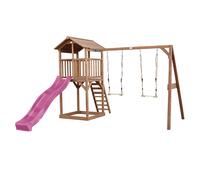 AXI Beach Tower Parque infantil con Tobogan en morado, 2 columpios y cajon de arena | Casa grande para ninos al aire libre en marron | Casa de juegos de madera FSC