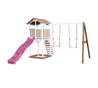 AXI Beach Tower Parque infantil con Tobogan en morado, 2 columpios y cajon de arena | Casa grande para ninos al aire libre en marron y blanco | Casa de juegos de madera FSC