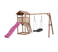 AXI Beach Tower Parque infantil con Tobogan en morado, columpio nido de pajaro en negro y cajon de arena | Casa grande para ninos al aire libre en marron | Casa de juegos de madera FSC