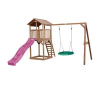AXI Beach Tower Parque infantil con Tobogan en morado, columpio nido de pajaro en verde y cajon de arena | Casa grande para ninos al aire libre en marron | Casa de juegos de madera FSC