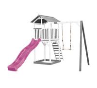 AXI Beach Tower Parque infantil con Tobogan en morado, columpio y cajon de arena | Casa grande para ninos al aire libre en gris y blanco | Casa de juegos de madera FSC
