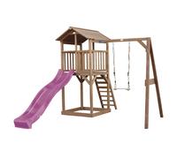 AXI Beach Tower Parque infantil con Tobogan en purpura, columpio y cajon de arena | Casa grande para ninos al aire libre en marron | Casa de juegos de madera FSC