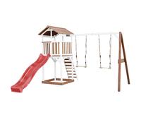AXI Beach Tower Parque infantil con Tobogan en rojo, 2 columpios y cajon de arena | Casa grande para ninos al aire libre en marron y blanco | Casa de juegos de madera FSC