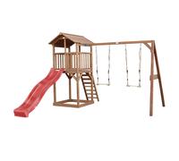 AXI Beach Tower Parque infantil con Tobogan en rojo, 2 columpios y cajon de arena | Casa grande para ninos al aire libre en marron | Casa de juegos de madera FSC