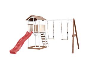 AXI Beach Tower Parque infantil con Tobogan en rojo, 2 columpios y cajon de arena | Casa grande para ninos al aire libre en marron y blanco | Casa de juegos de madera FSC