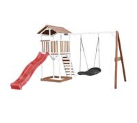 AXI Beach Tower Parque infantil con Tobogan en rojo, columpio nido de pajaro en negro y cajon de arena | Casa grande para ninos al aire libre en marron y blanco | Casa de juegos de madera FSC