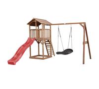 AXI Beach Tower Parque infantil con Tobogan en rojo, columpio nido de pajaro en negro y cajon de arena | Casa grande para ninos al aire libre en marron | Casa de juegos de madera FSC