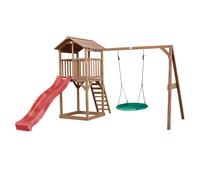 AXI Beach Tower Parque infantil con Tobogan en rojo, columpio nido de pajaro en verde y cajon de arena | Casa grande para ninos al aire libre en marron | Casa de juegos de madera FSC