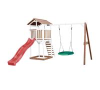 AXI Beach Tower Parque infantil con Tobogan en rojo, columpio nido de pajaro en verde y cajon de arena | Casa grande para ninos al aire libre en marron y blanco | Casa de juegos de madera FSC