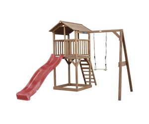 AXI Beach Tower Parque infantil con Tobogan en rojo, columpio y arenero | Casa grande para ninos al aire libre en marron | Casa de juegos de madera FSC