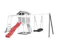 AXI Beach Tower Parque infantil con Tobogan en rojo, estructura para trepar, columpio nido de pajaro negro y cajon de arena | Casa grande para ninos al aire libre en gris y blanco