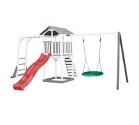 AXI Beach Tower Parque infantil con Tobogan en rojo, estructura para trepar, columpio nido de pajaro verde y cajon de arena | Casa grande para ninos al aire libre en gris y blanco